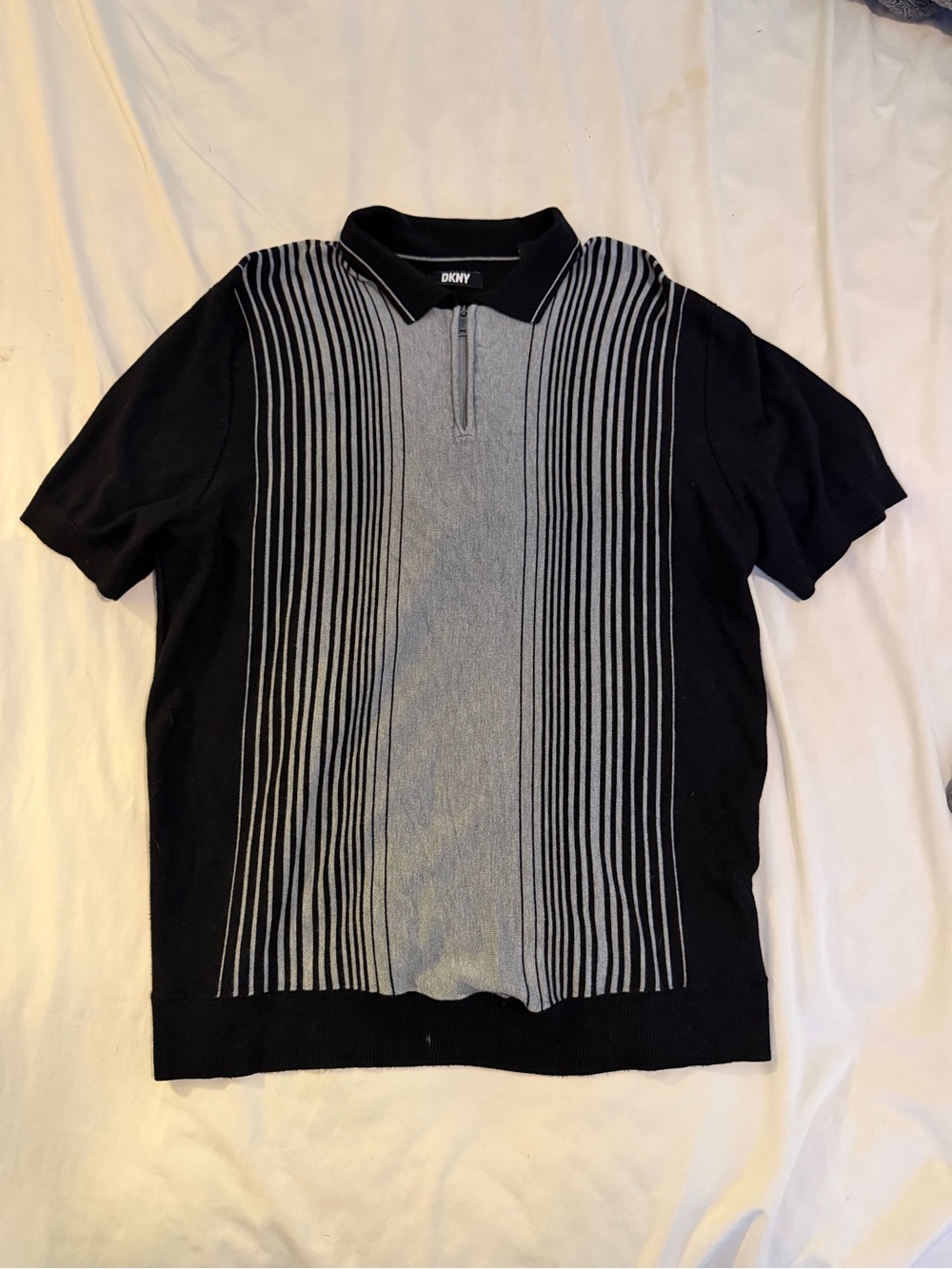 DKNY Black and Gray Zip-Front Knit Polo with Vertical Stripes